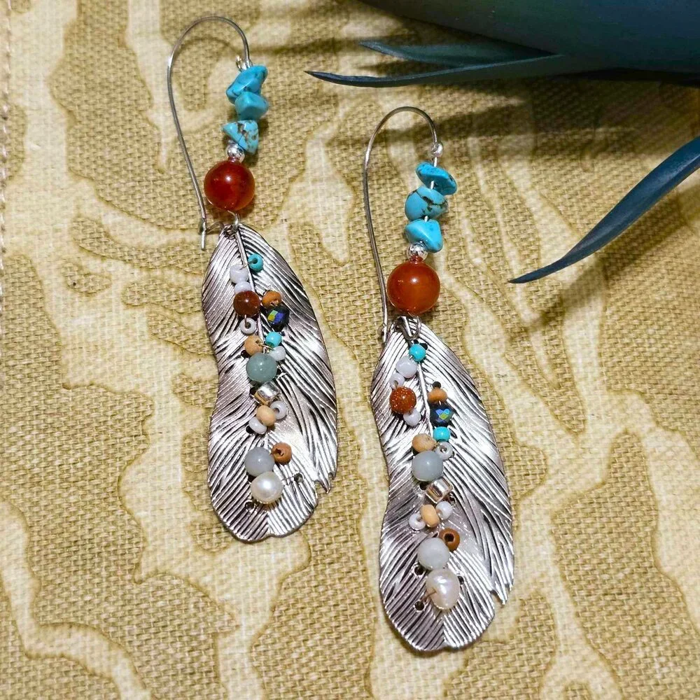 Artisan Earrings Southwestern Silver Feathers Turquoise Carnelian Multi Beaded - Picture 4 of 11